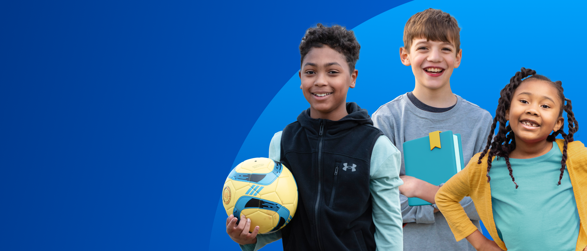 kids with soccer ball and book